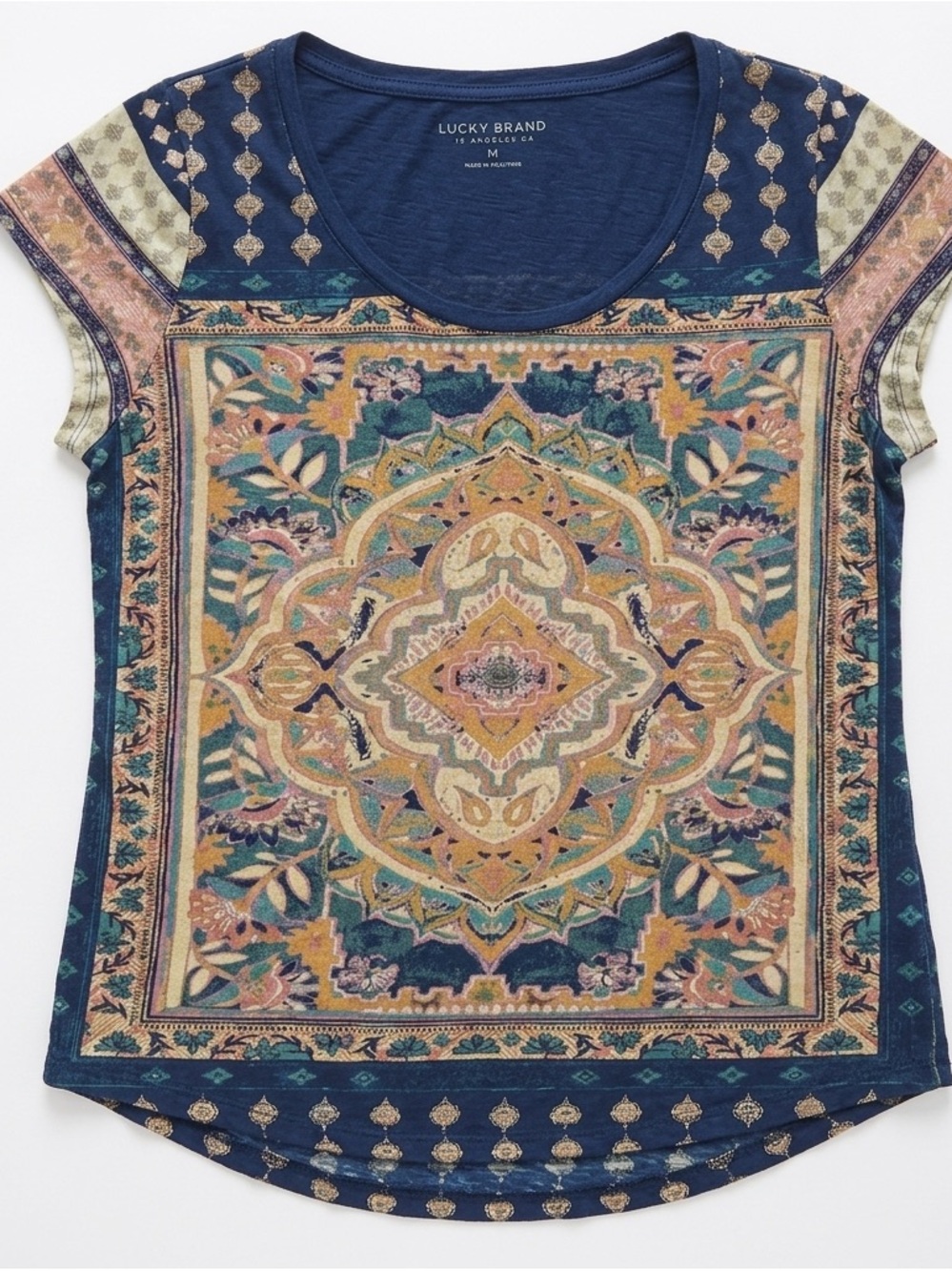 Lucky Brand Persian Carpet Tee Shirt Boho Medallion Scoop Neck Blue M